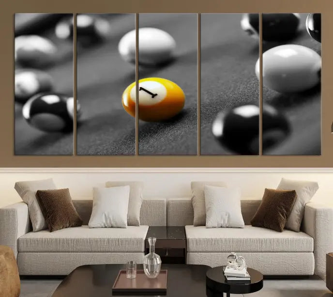 The living room features a Pool Table Billiard Balls Wall Art Canvas Print framed in the USA.