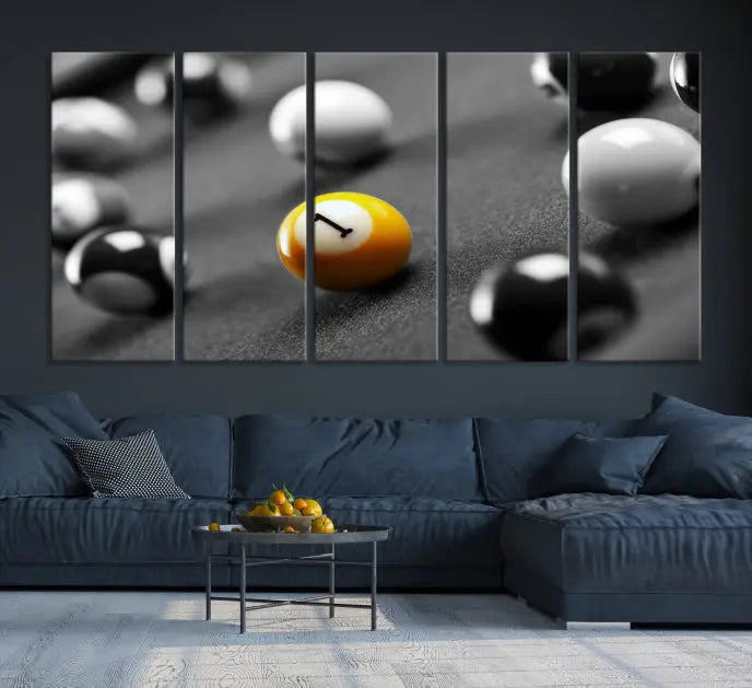 The living room features a Pool Table Billiard Balls Wall Art Canvas Print framed in the USA.