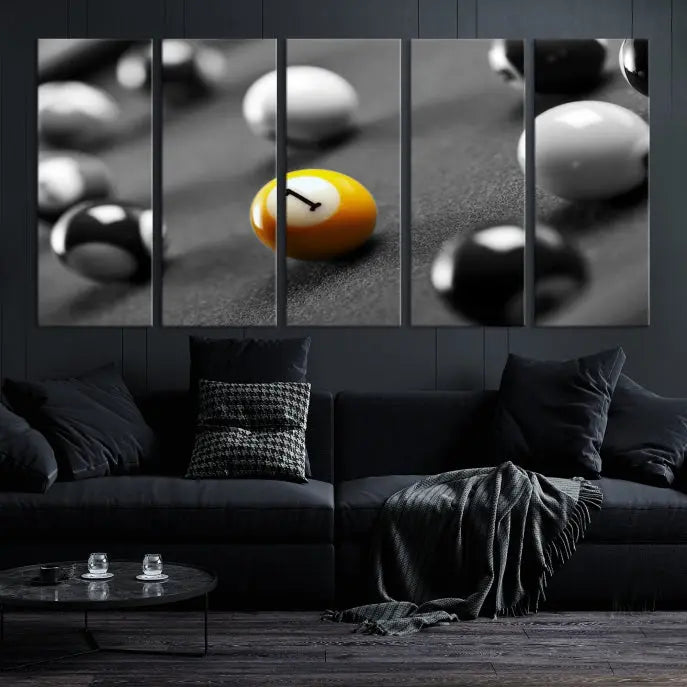 The living room features a Pool Table Billiard Balls Wall Art Canvas Print framed in the USA.