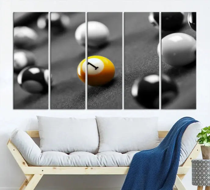 The living room features a Pool Table Billiard Balls Wall Art Canvas Print framed in the USA.