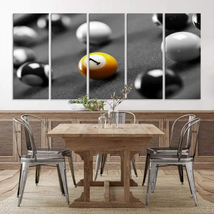 The living room features a Pool Table Billiard Balls Wall Art Canvas Print framed in the USA.