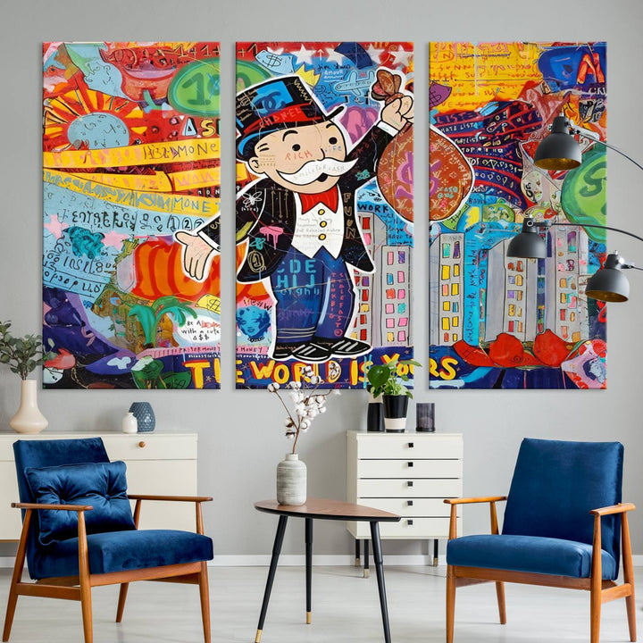 Pop Art Monopoly Man Canvas Wall Art Print - Bold and Colorful Street Art-Inspired Decor for Living Room, Office, or Bedroom, Ready to Hang