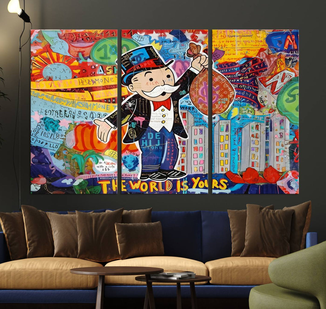 Pop Art Monopoly Man Canvas Wall Art Print - Bold and Colorful Street Art-Inspired Decor for Living Room, Office, or Bedroom, Ready to Hang