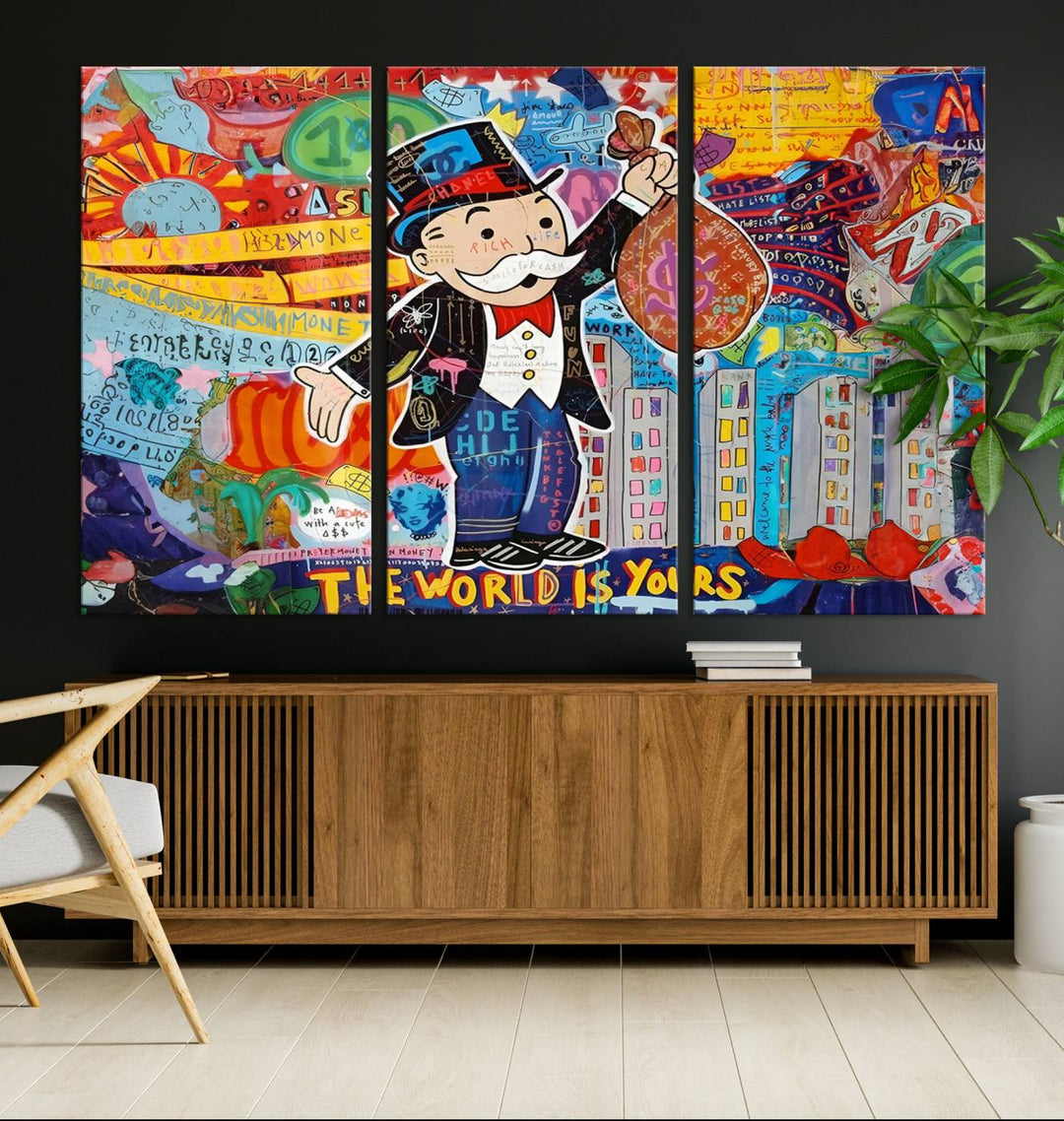 Pop Art Monopoly Man Canvas Wall Art Print - Bold and Colorful Street Art-Inspired Decor for Living Room, Office, or Bedroom, Ready to Hang