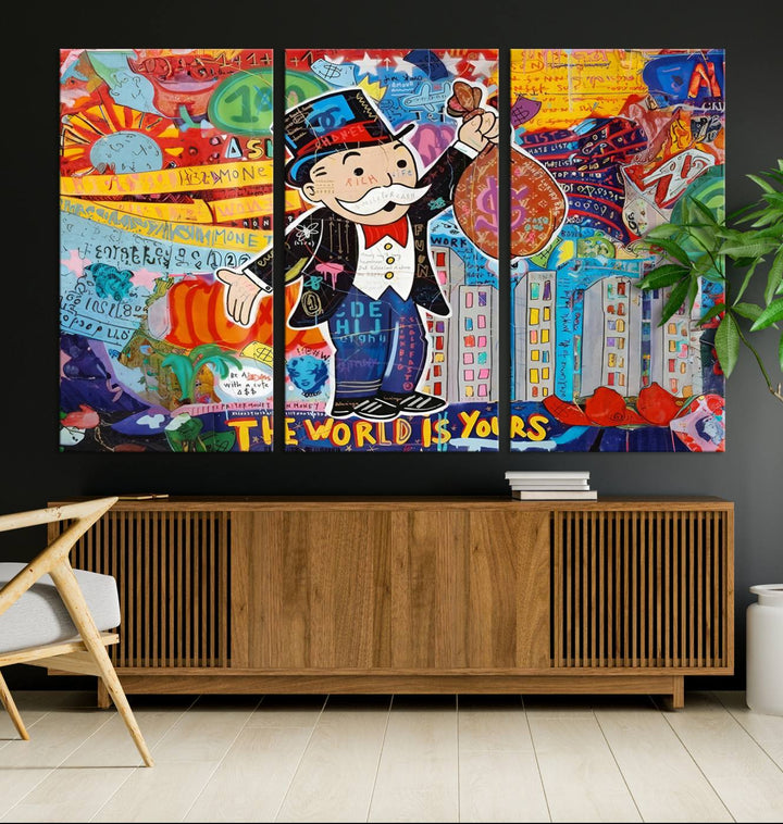 Pop Art Monopoly Man Canvas Wall Art Print - Bold and Colorful Street Art-Inspired Decor for Living Room, Office, or Bedroom, Ready to Hang