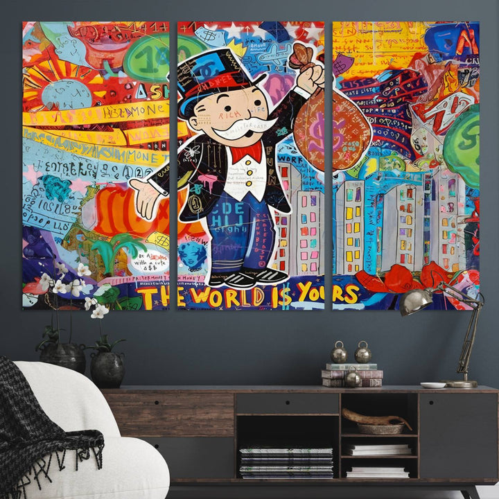 Pop Art Monopoly Man Canvas Wall Art Print - Bold and Colorful Street Art-Inspired Decor for Living Room, Office, or Bedroom, Ready to Hang