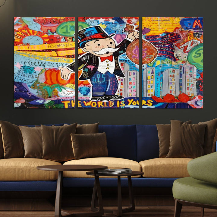 Pop Art Monopoly Man Canvas Wall Art Print - Bold and Colorful Street Art-Inspired Decor for Living Room, Office, or Bedroom, Ready to Hang