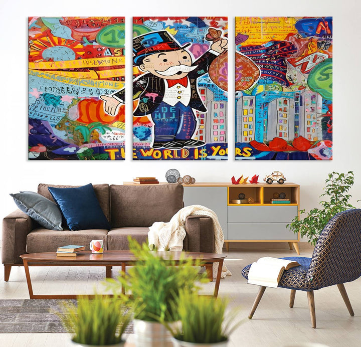 Pop Art Monopoly Man Canvas Wall Art Print - Bold and Colorful Street Art-Inspired Decor for Living Room, Office, or Bedroom, Ready to Hang