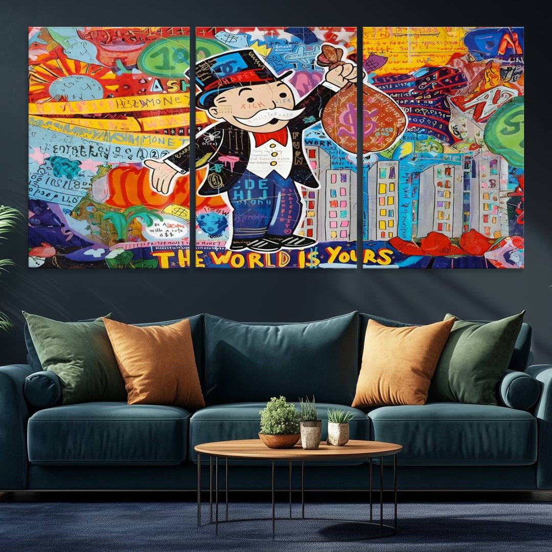 Pop Art Monopoly Man Canvas Wall Art Print - Bold and Colorful Street Art-Inspired Decor for Living Room, Office, or Bedroom, Ready to Hang