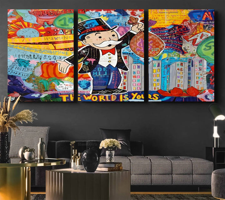 Pop Art Monopoly Man Canvas Wall Art Print - Bold and Colorful Street Art-Inspired Decor for Living Room, Office, or Bedroom, Ready to Hang