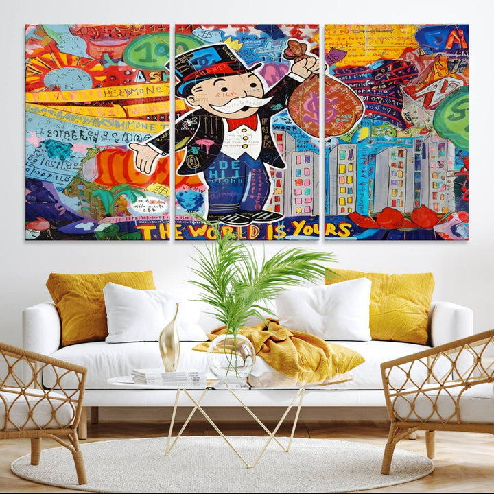 Pop Art Monopoly Man Canvas Wall Art Print - Bold and Colorful Street Art-Inspired Decor for Living Room, Office, or Bedroom, Ready to Hang