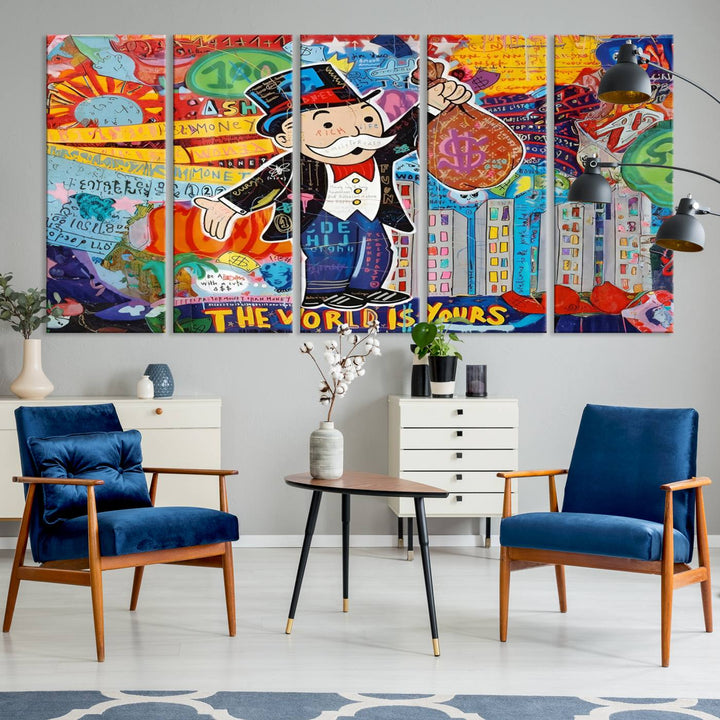Pop Art Monopoly Man Canvas Wall Art Print - Bold and Colorful Street Art-Inspired Decor for Living Room, Office, or Bedroom, Ready to Hang