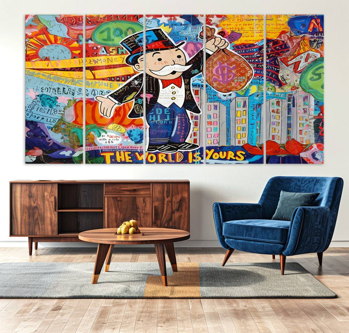 Pop Art Monopoly Man Canvas Wall Art Print - Bold and Colorful Street Art-Inspired Decor for Living Room, Office, or Bedroom, Ready to Hang