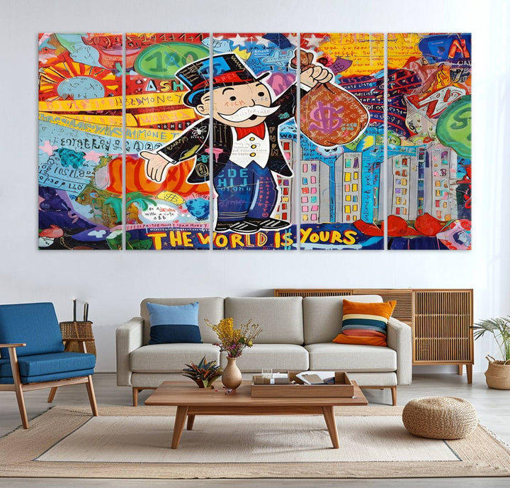 Pop Art Monopoly Man Canvas Wall Art Print - Bold and Colorful Street Art-Inspired Decor for Living Room, Office, or Bedroom, Ready to Hang