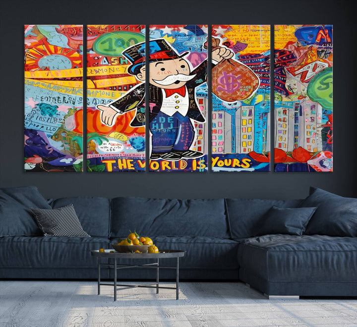 Pop Art Monopoly Man Canvas Wall Art Print - Bold and Colorful Street Art-Inspired Decor for Living Room, Office, or Bedroom, Ready to Hang