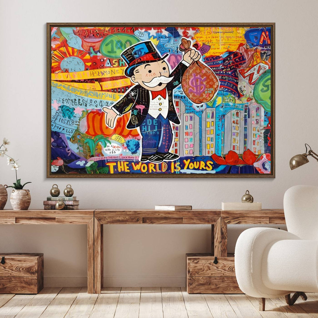 96320-MGV-CV-36X24-Pop Art Monopoly Man Canvas Wall Art Print - Bold and Colorful Street Art-Inspired Decor for Living Room, Office, or Bedroom, Ready to Hang