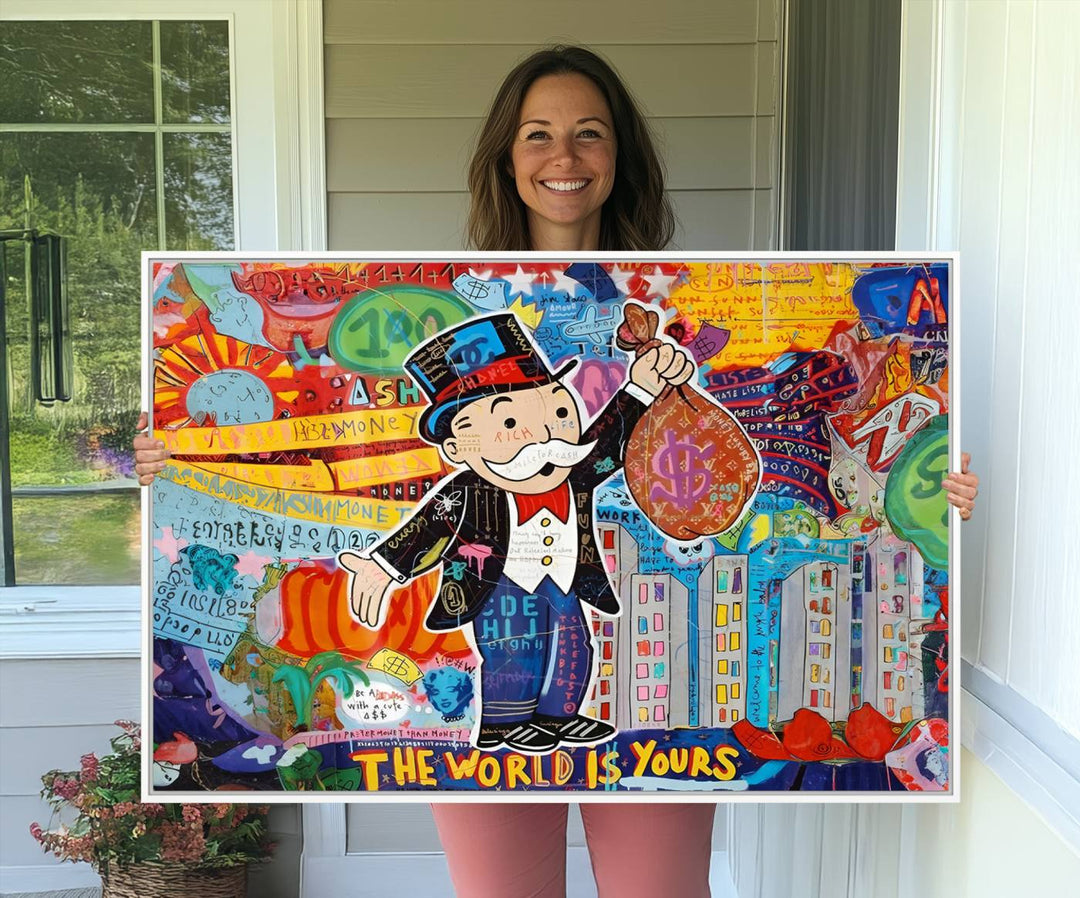 96320-MGV-CV-36X24-Pop Art Monopoly Man Canvas Wall Art Print - Bold and Colorful Street Art-Inspired Decor for Living Room, Office, or Bedroom, Ready to Hang