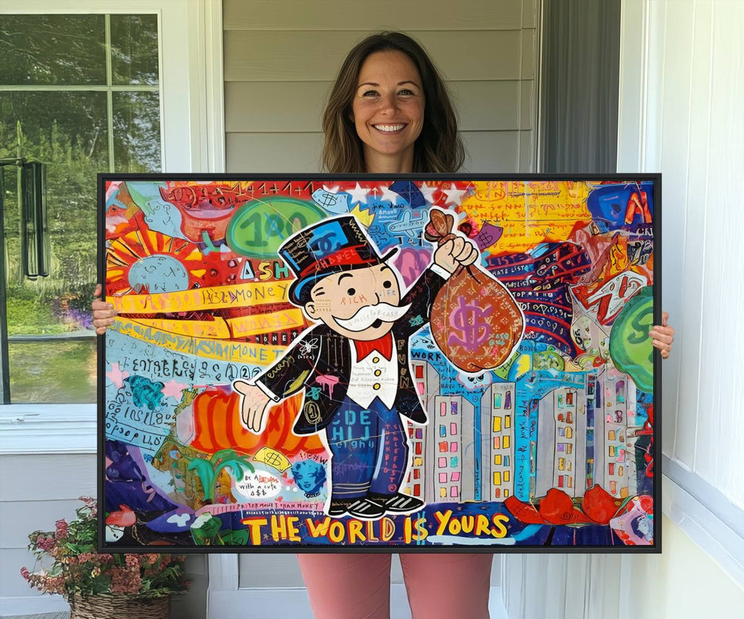 96320-MGV-CV-36X24-Pop Art Monopoly Man Canvas Wall Art Print - Bold and Colorful Street Art-Inspired Decor for Living Room, Office, or Bedroom, Ready to Hang