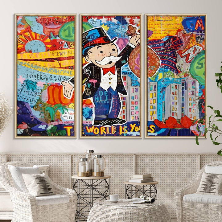 96320-MGV-CV-36X24-Pop Art Monopoly Man Canvas Wall Art Print - Bold and Colorful Street Art-Inspired Decor for Living Room, Office, or Bedroom, Ready to Hang
