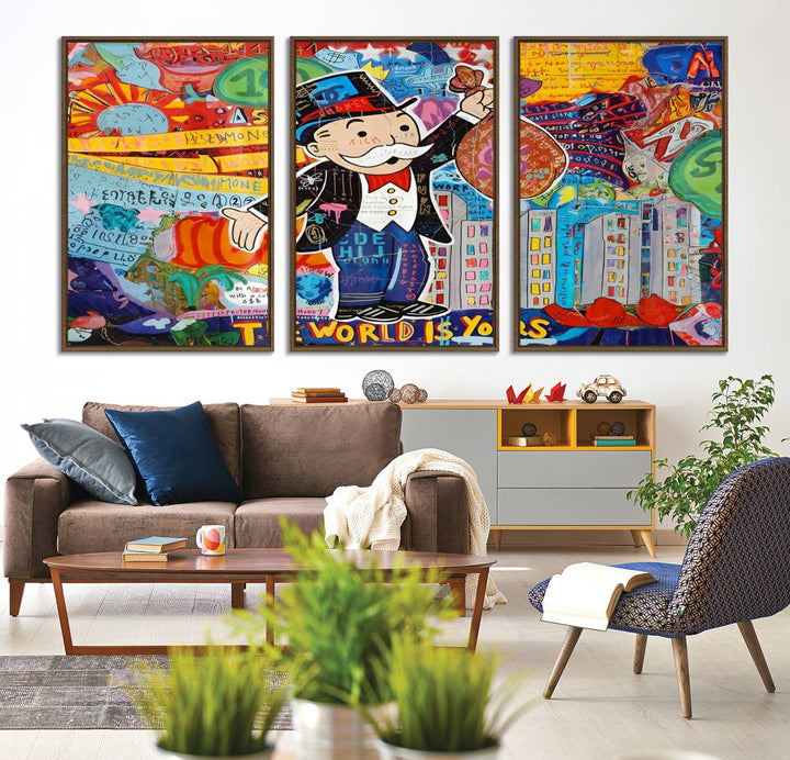 96320-MGV-CV-36X24-Pop Art Monopoly Man Canvas Wall Art Print - Bold and Colorful Street Art-Inspired Decor for Living Room, Office, or Bedroom, Ready to Hang