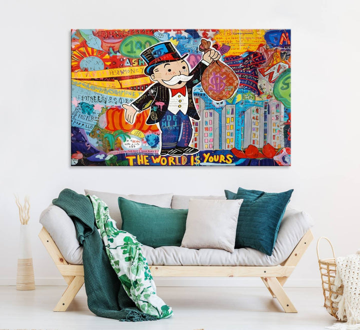 Pop Art Monopoly Man Canvas Wall Art Print - Bold and Colorful Street Art-Inspired Decor for Living Room, Office, or Bedroom, Ready to Hang