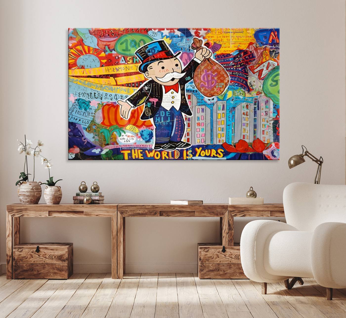 96320-MGV-CV-36X24-Pop Art Monopoly Man Canvas Wall Art Print - Bold and Colorful Street Art-Inspired Decor for Living Room, Office, or Bedroom, Ready to Hang