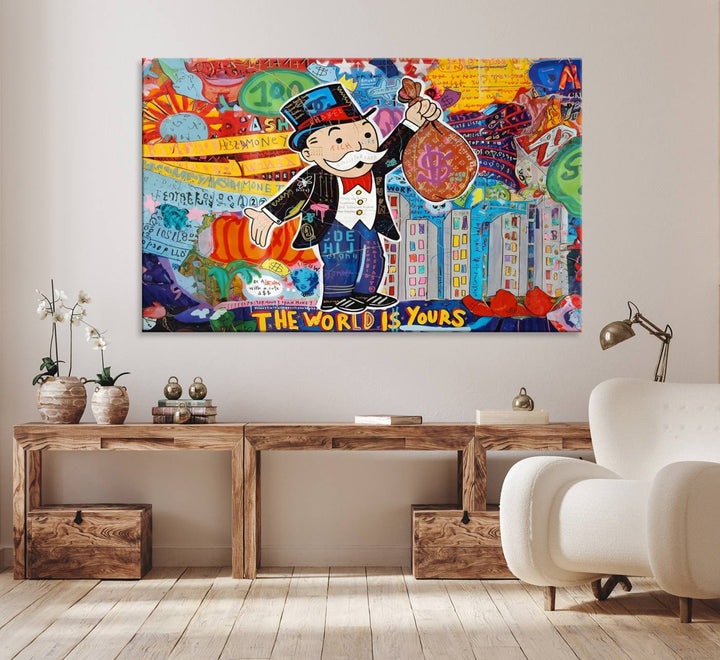 Pop Art Monopoly Man Canvas Wall Art Print - Bold and Colorful Street Art-Inspired Decor for Living Room, Office, or Bedroom, Ready to Hang
