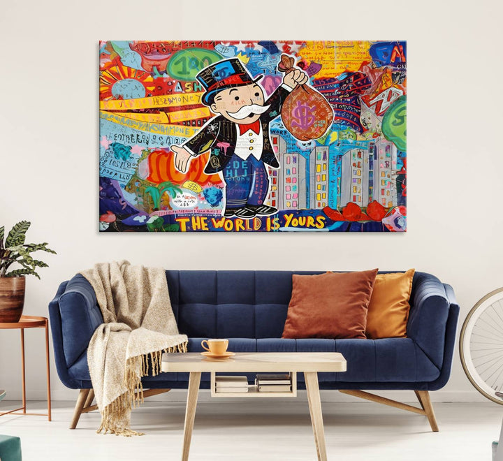 Pop Art Monopoly Man Canvas Wall Art Print - Bold and Colorful Street Art-Inspired Decor for Living Room, Office, or Bedroom, Ready to Hang