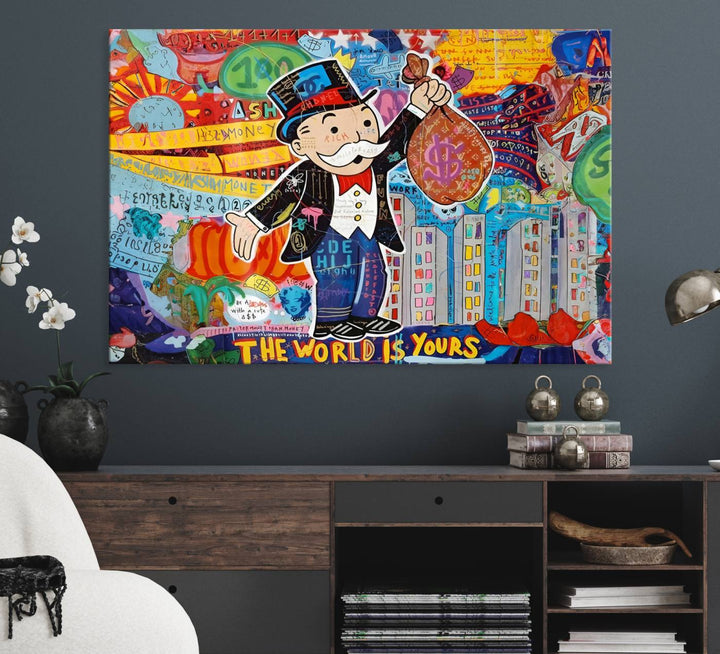 Pop Art Monopoly Man Canvas Wall Art Print - Bold and Colorful Street Art-Inspired Decor for Living Room, Office, or Bedroom, Ready to Hang