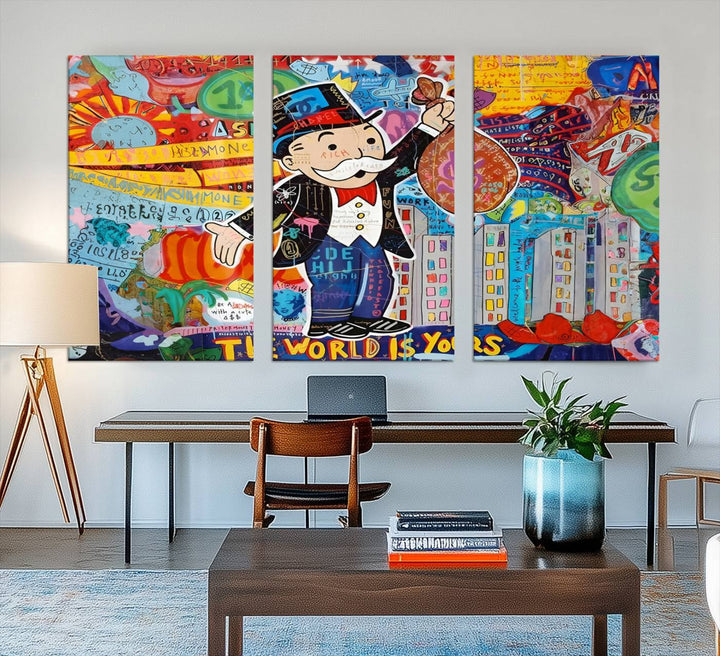 Pop Art Monopoly Man Canvas Wall Art Print - Bold and Colorful Street Art-Inspired Decor for Living Room, Office, or Bedroom, Ready to Hang