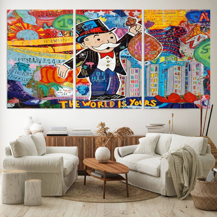 Pop Art Monopoly Man Canvas Wall Art Print - Bold and Colorful Street Art-Inspired Decor for Living Room, Office, or Bedroom, Ready to Hang