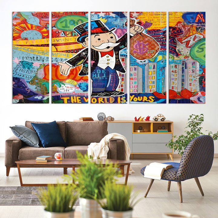 Pop Art Monopoly Man Canvas Wall Art Print - Bold and Colorful Street Art-Inspired Decor for Living Room, Office, or Bedroom, Ready to Hang