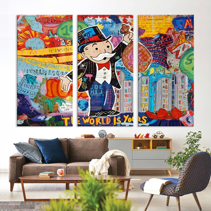 Pop Art Monopoly Man Canvas Wall Art Print - Bold and Colorful Street Art-Inspired Decor for Living Room, Office, or Bedroom, Ready to Hang