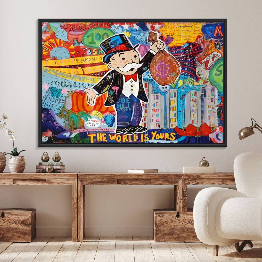 96320-MGV-FC-36X24_Black-Pop Art Monopoly Man Canvas Wall Art Print - Bold and Colorful Street Art-Inspired Decor for Living Room, Office, or Bedroom, Ready to Hang