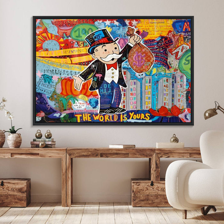 96320-MGV-FC-36X24_Black-Pop Art Monopoly Man Canvas Wall Art Print - Bold and Colorful Street Art-Inspired Decor for Living Room, Office, or Bedroom, Ready to Hang