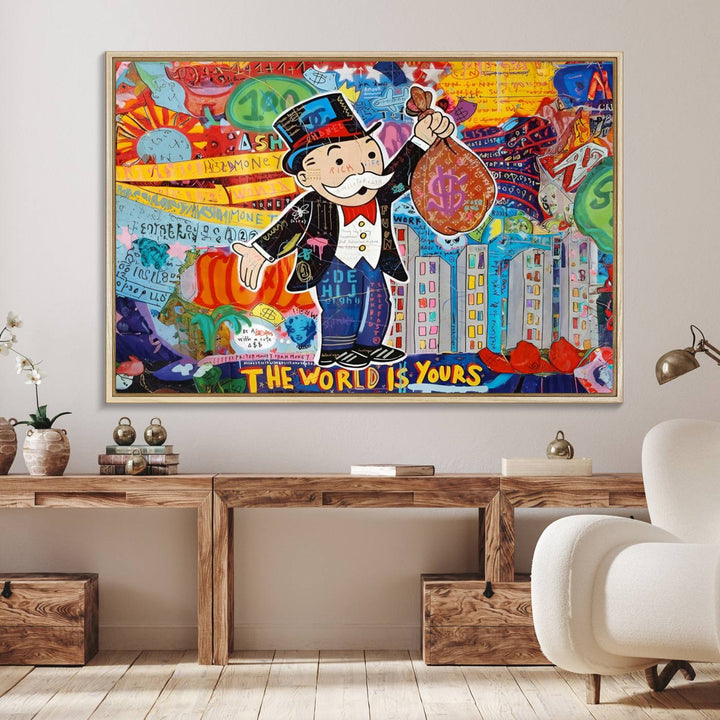 96320-MGV-FC-36X24_Natural-Pop Art Monopoly Man Canvas Wall Art Print - Bold and Colorful Street Art-Inspired Decor for Living Room, Office, or Bedroom, Ready to Hang