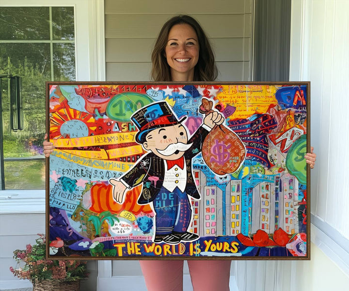 96320-MGV-FC-36X24_Walnut-Pop Art Monopoly Man Canvas Wall Art Print - Bold and Colorful Street Art-Inspired Decor for Living Room, Office, or Bedroom, Ready to Hang