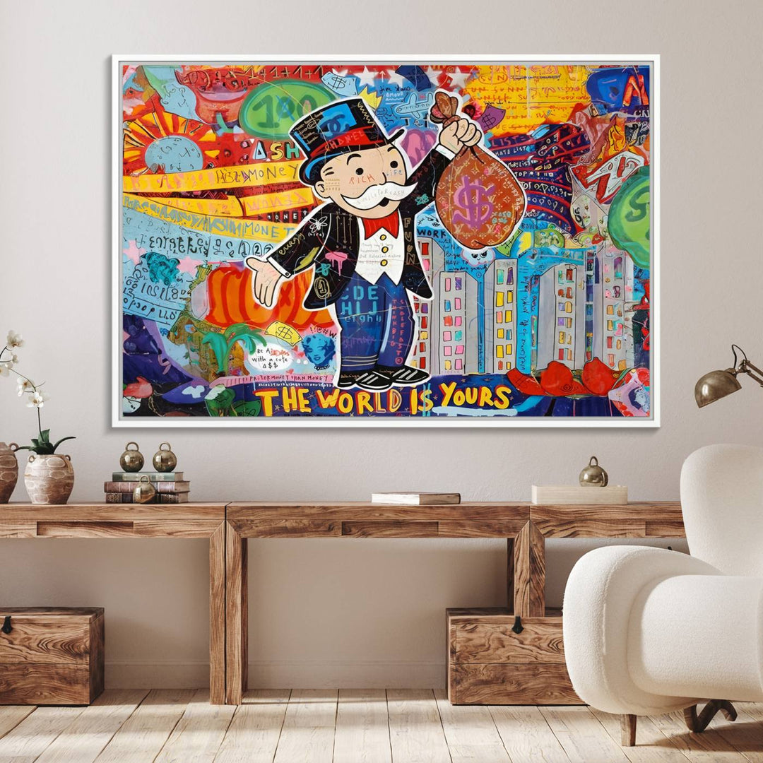 Pop Art Monopoly Man Canvas Wall Art Print - Bold and Colorful Street Art-Inspired Decor for Living Room, Office, or Bedroom, Ready to Hang