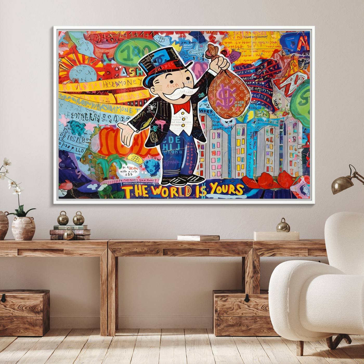 Pop Art Monopoly Man Canvas Wall Art Print - Bold and Colorful Street Art-Inspired Decor for Living Room, Office, or Bedroom, Ready to Hang