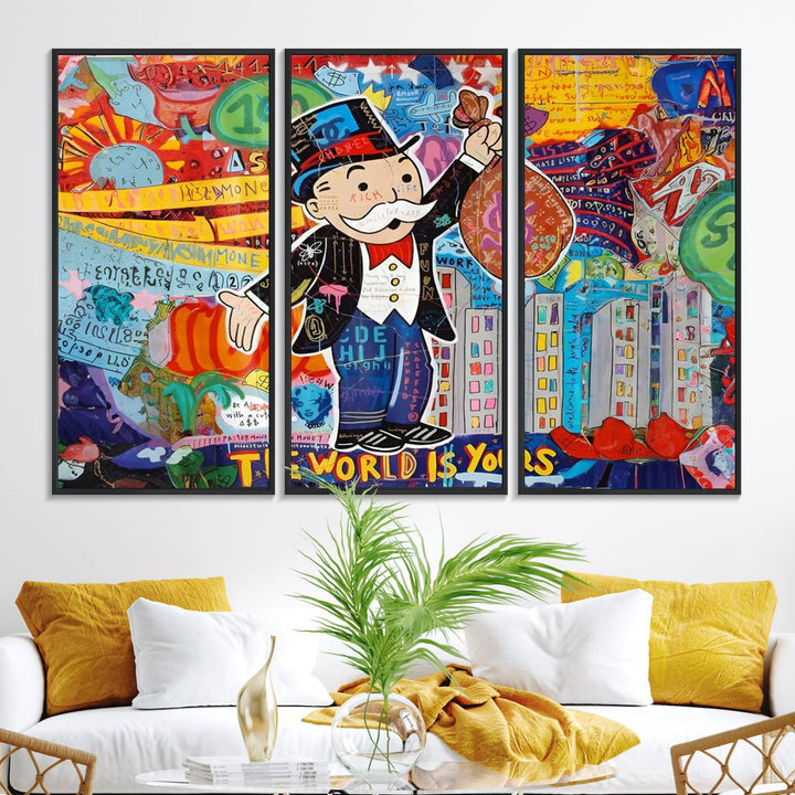 96320-MGV-FC-48X32-3P_Black-Pop Art Monopoly Man Canvas Wall Art Print - Bold and Colorful Street Art-Inspired Decor for Living Room, Office, or Bedroom, Ready to Hang