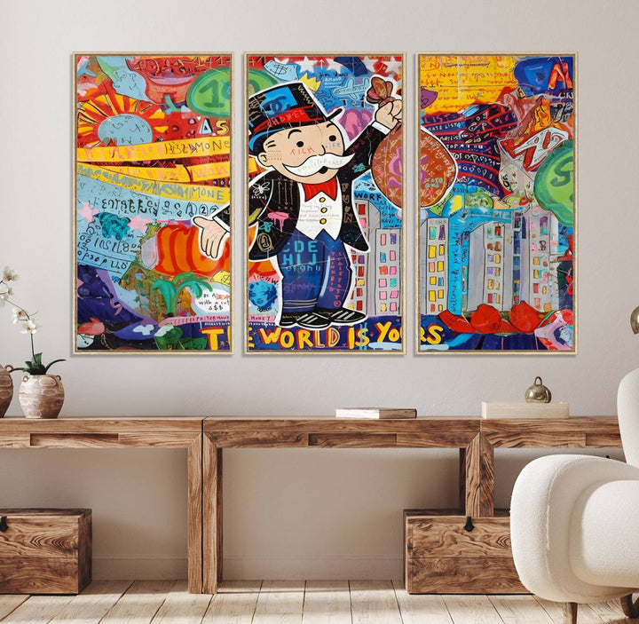 96320-MGV-FC-48X32-3P_Natural-Pop Art Monopoly Man Canvas Wall Art Print - Bold and Colorful Street Art-Inspired Decor for Living Room, Office, or Bedroom, Ready to Hang