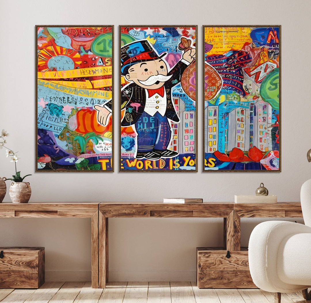 96320-MGV-FC-48X32-3P_Walnut-Pop Art Monopoly Man Canvas Wall Art Print - Bold and Colorful Street Art-Inspired Decor for Living Room, Office, or Bedroom, Ready to Hang