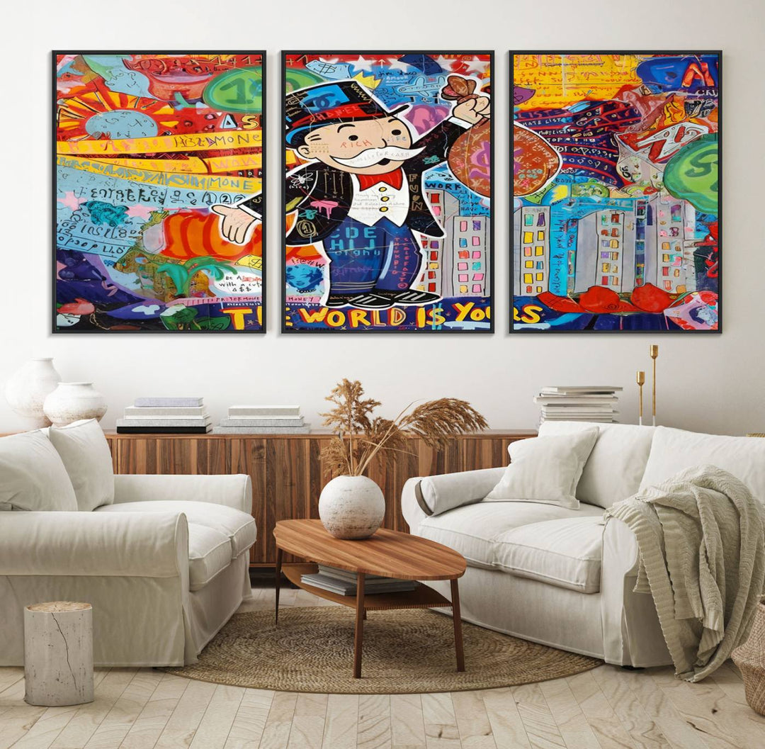 96320-MGV-FC-60X30-3P_Black-Pop Art Monopoly Man Canvas Wall Art Print - Bold and Colorful Street Art-Inspired Decor for Living Room, Office, or Bedroom, Ready to Hang