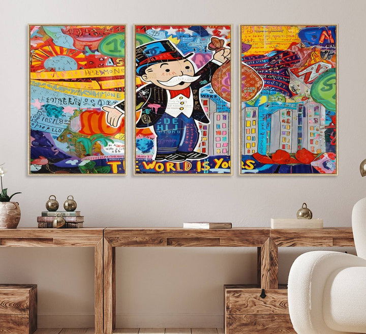 96320-MGV-FC-60X30-3P_Natural-Pop Art Monopoly Man Canvas Wall Art Print - Bold and Colorful Street Art-Inspired Decor for Living Room, Office, or Bedroom, Ready to Hang
