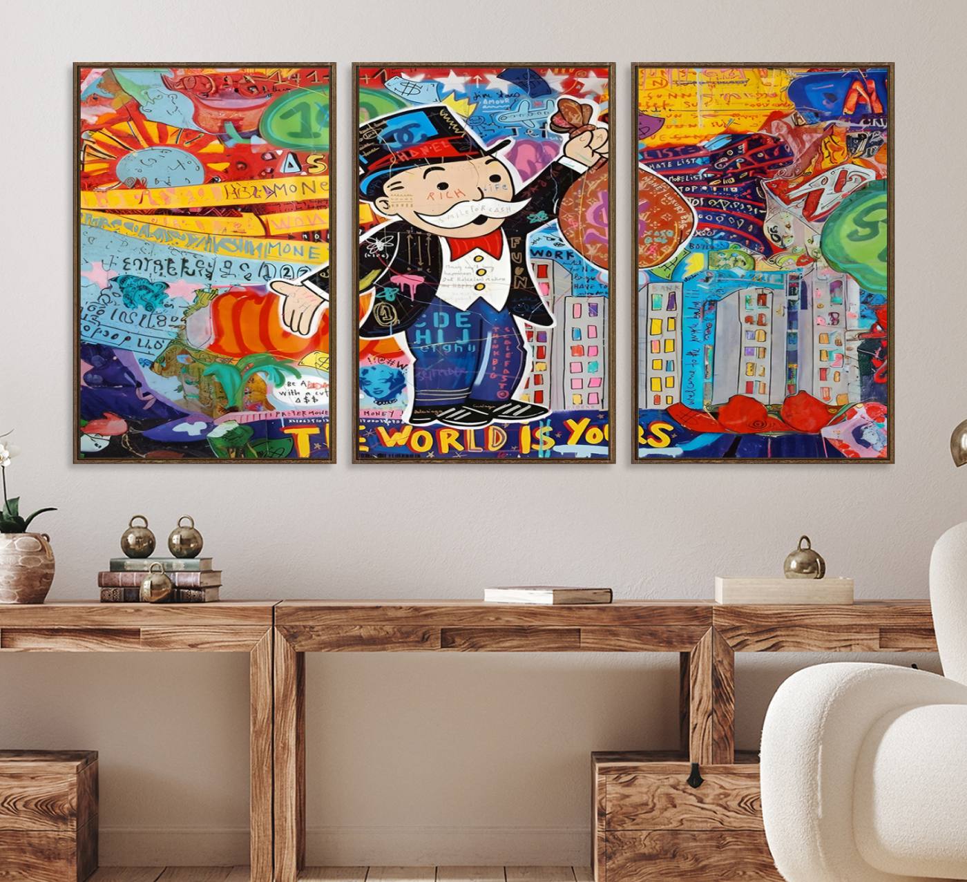 96320-MGV-FC-60X30-3P_Walnut-Pop Art Monopoly Man Canvas Wall Art Print - Bold and Colorful Street Art-Inspired Decor for Living Room, Office, or Bedroom, Ready to Hang