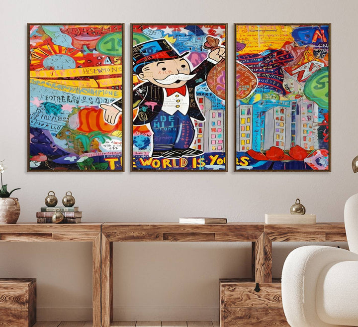 96320-MGV-FC-60X30-3P_Walnut-Pop Art Monopoly Man Canvas Wall Art Print - Bold and Colorful Street Art-Inspired Decor for Living Room, Office, or Bedroom, Ready to Hang