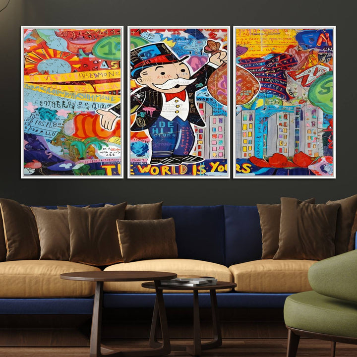 96320-MGV-FC-60X30-3P_White-Pop Art Monopoly Man Canvas Wall Art Print - Bold and Colorful Street Art-Inspired Decor for Living Room, Office, or Bedroom, Ready to Hang