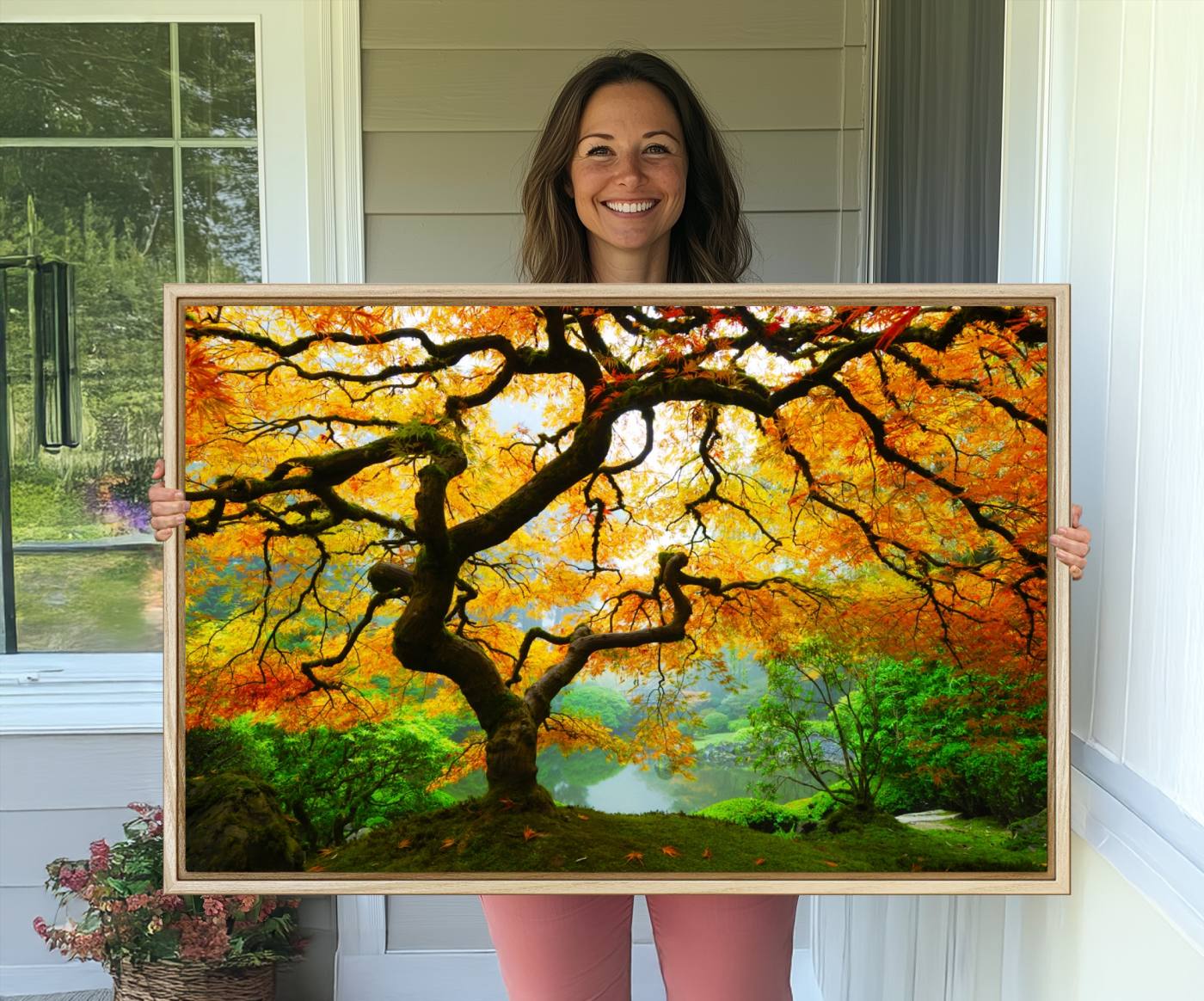 78748-MGV-CV-36X24-Portland Japanese Maple Tree Canvas Wall Art – Japanese Garden Landscape Print – Framed and Ready to