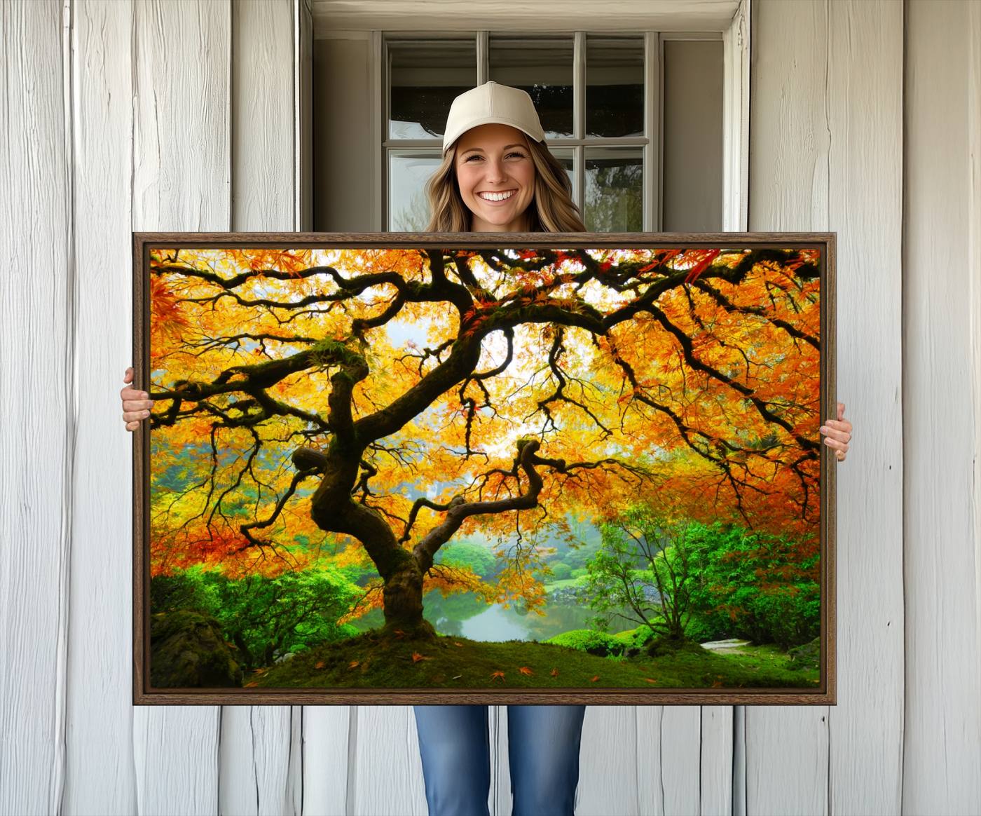 78748-MGV-CV-36X24-Portland Japanese Maple Tree Canvas Wall Art – Japanese Garden Landscape Print – Framed and Ready to