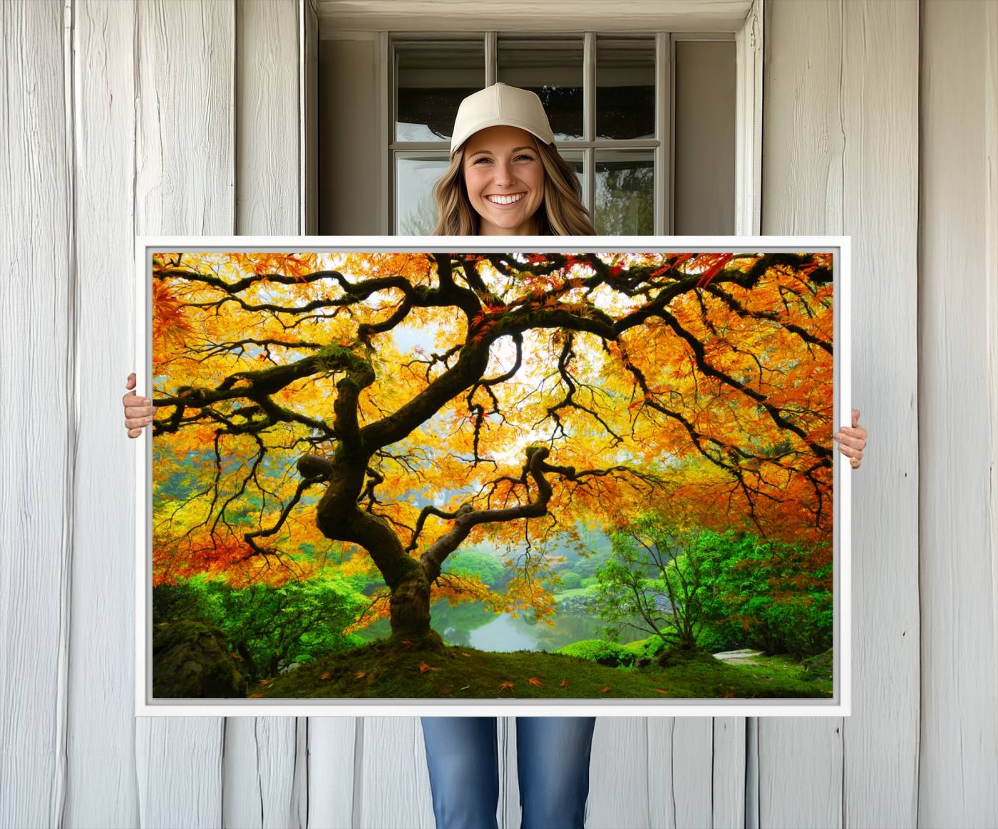 78748-MGV-CV-36X24-Portland Japanese Maple Tree Canvas Wall Art – Japanese Garden Landscape Print – Framed and Ready to